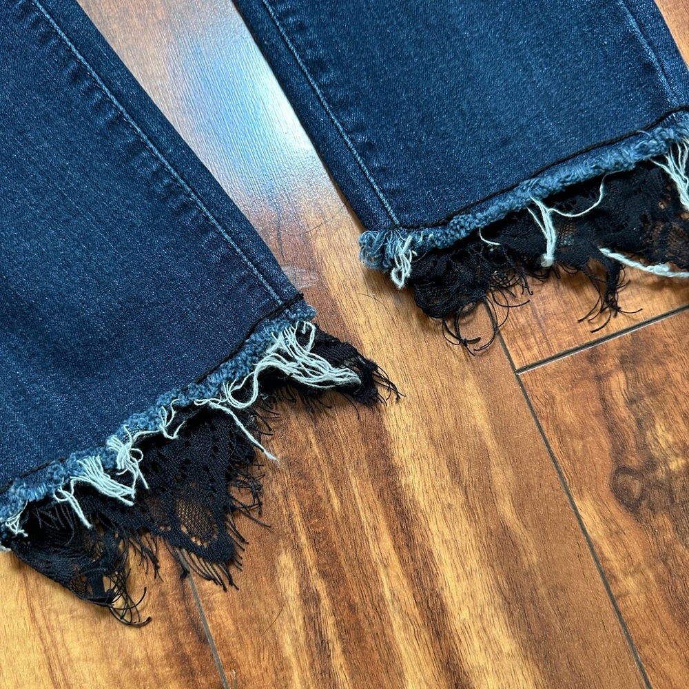 Just Black Dark Blue Frayed Hem Jeans with Black Lace Trim